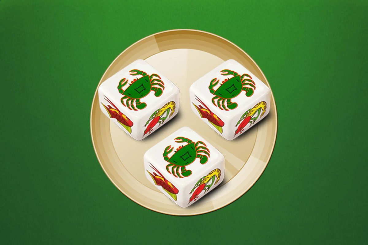 ba viên xúc sắc trò chơi bầu cua tôm cá với hình cái đĩa và ba con cua